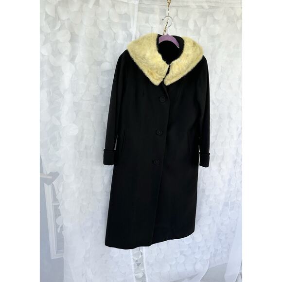 Vintage 50s 60s Long Black Coat 100% Wool Fur Mod Deb Hollywood Glam Retro - Picture 5 of 13